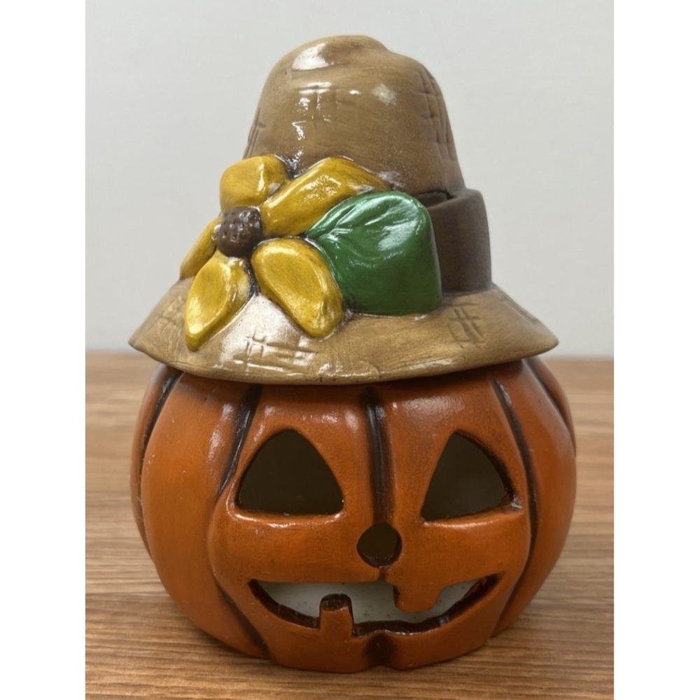 Vintage Ceramic Halloween Jack-O-Lantern Pumpkin Tea Light Candle Holder 5.5"